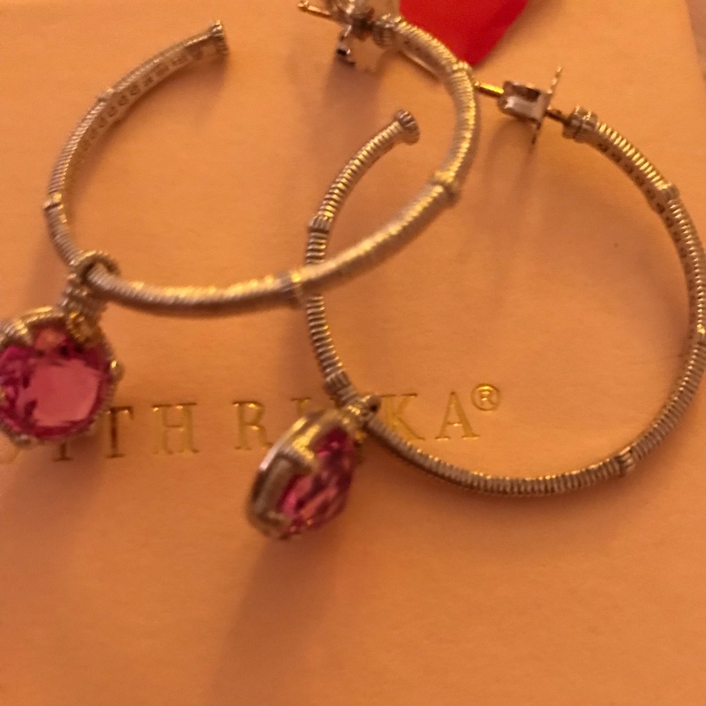 NWT Judith Ripka hoop earrings with pink stone